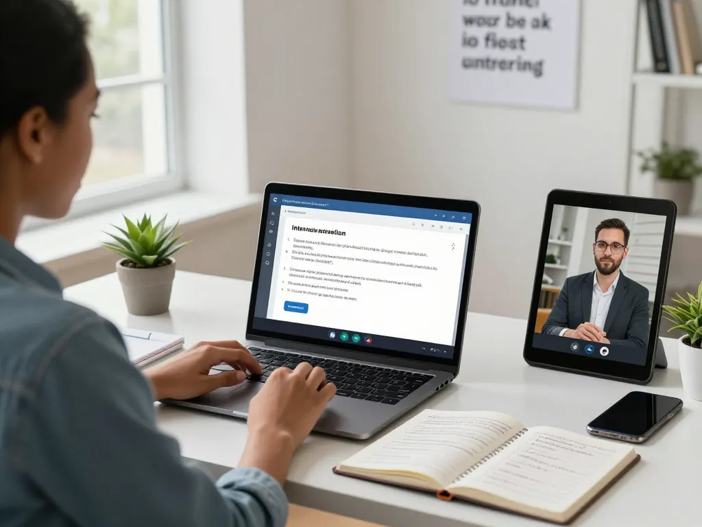 Individual using an AI interview assistant in a bright workspace, enhancing interview preparation.