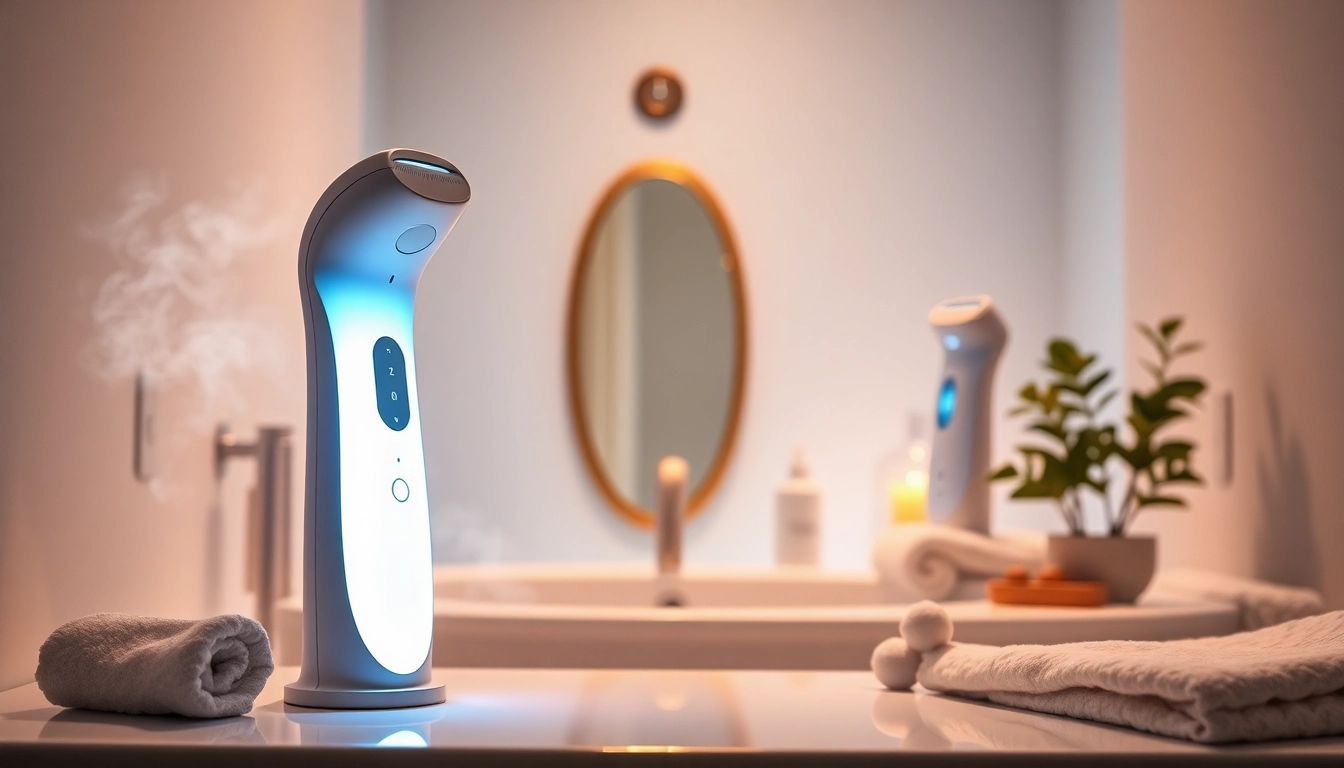 Explore features of Ulike vs 5 min skin hair removal devices in a modern, serene bathroom.