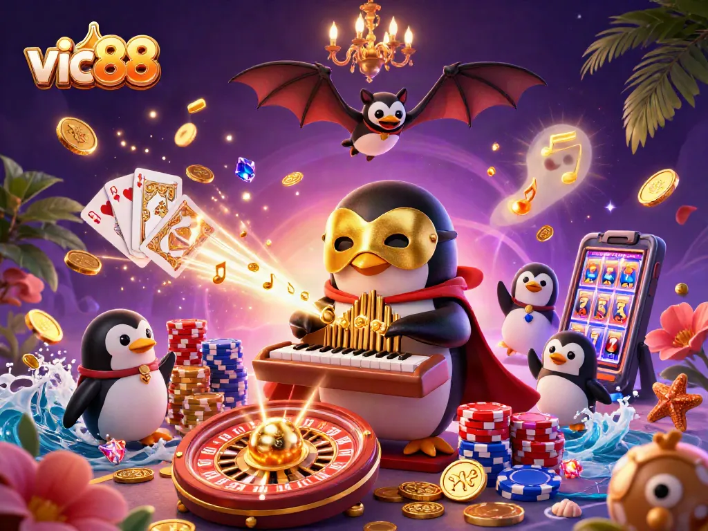 Win big with vic88 as a 3D cartoon penguin celebrates at a vibrant casino scene.
