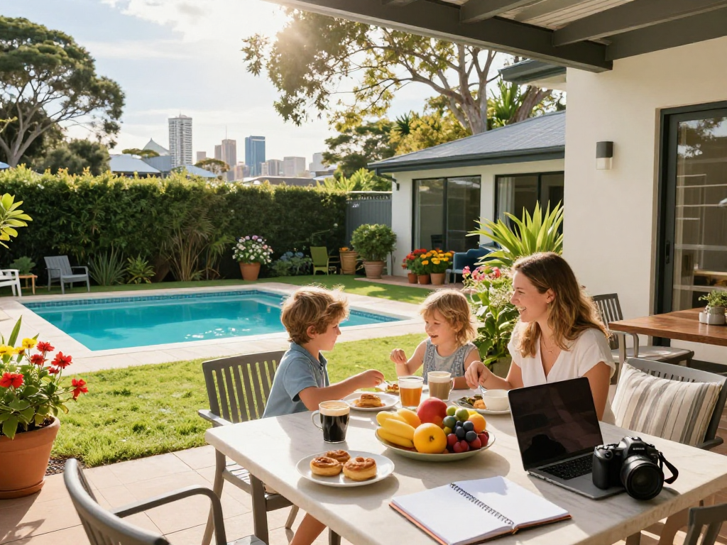 Best Sydney Airbnb managers showcasing an inviting outdoor property with a family enjoying breakfast, ideal for attracting guests.