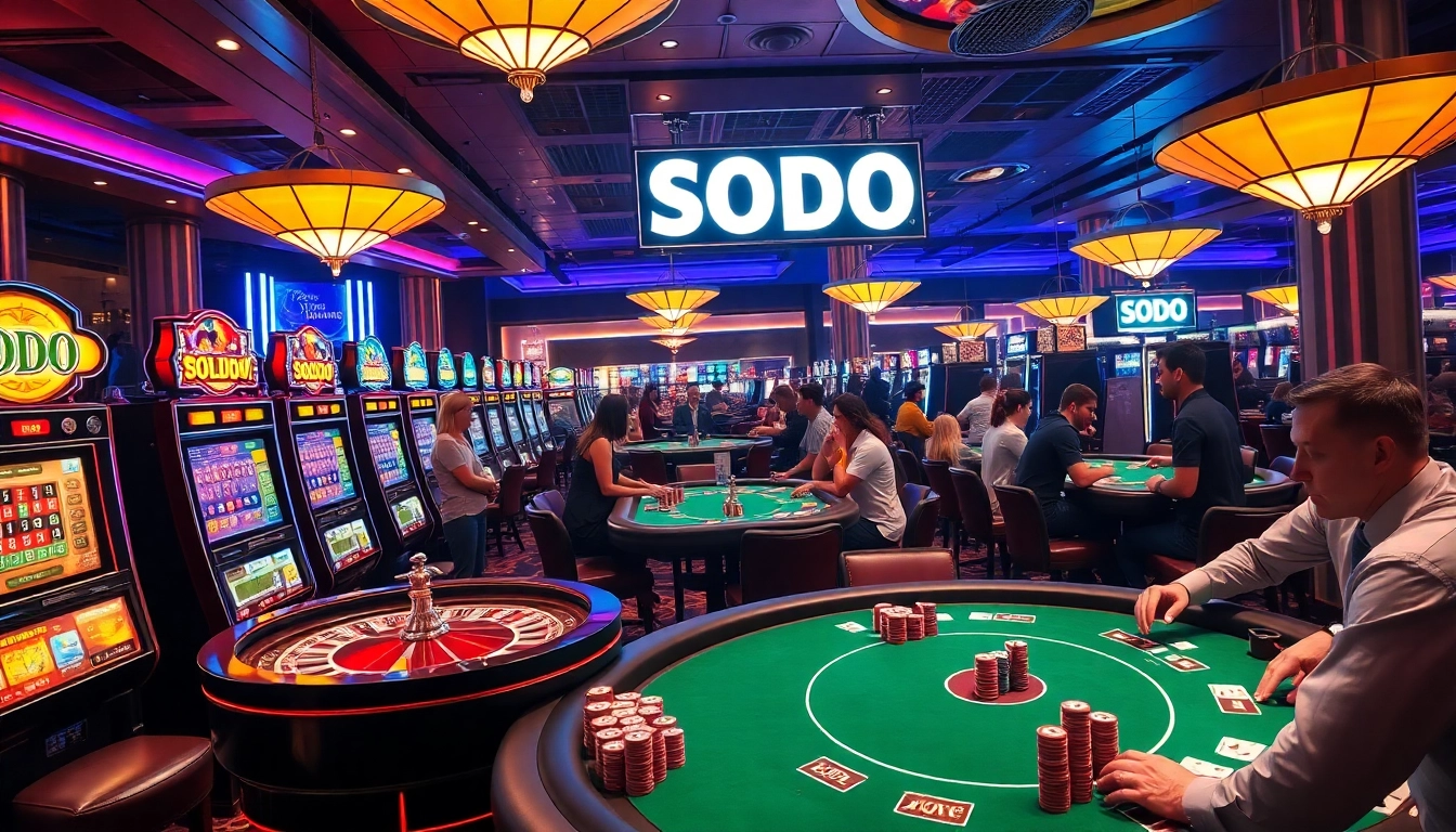 SODO casino scene showcasing lively slot machines and focused gamblers at poker tables.