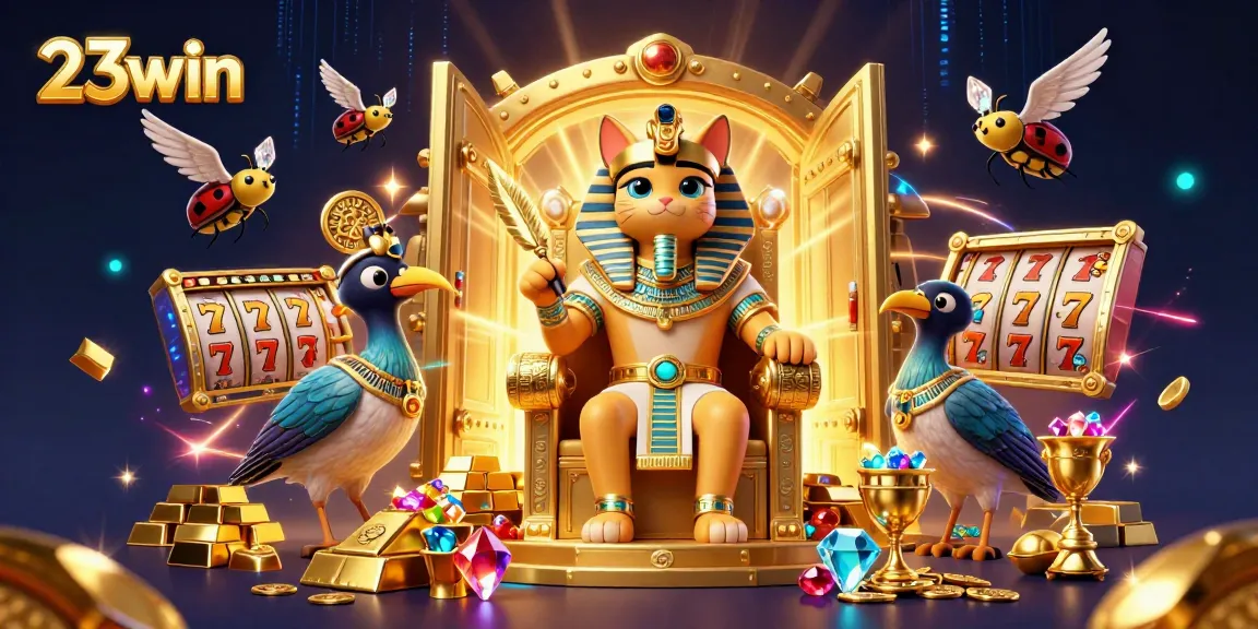 Experience the excitement of 23win with vibrant gaming elements and golden treasures.