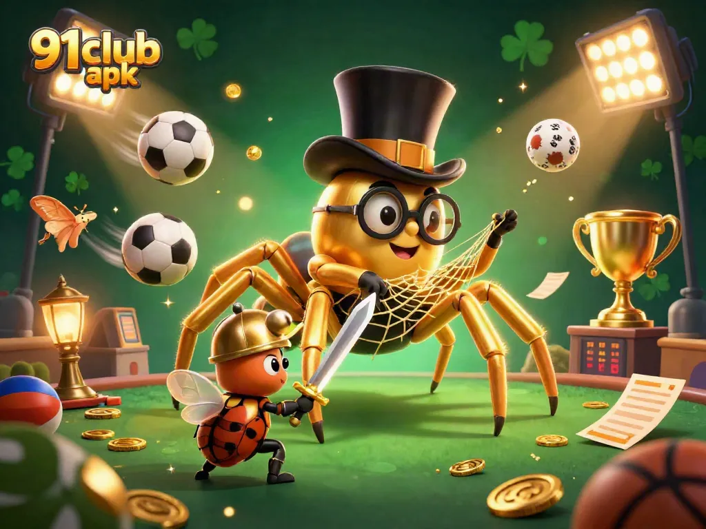 Engage with 91club apk: A thrilling scene of a golden tarantula weaving webs among exciting gambling elements.