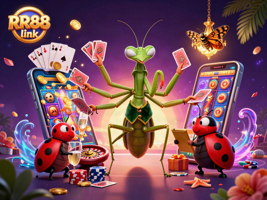 Experience the excitement of RR88 link with dynamic casino elements and cartoon characters in a vibrant scene.