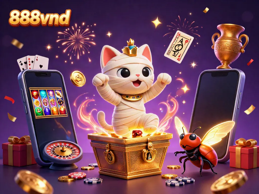 Experience thrilling action with 888vnd as the Egyptian mummy cat and friends celebrate a vibrant casino scene.