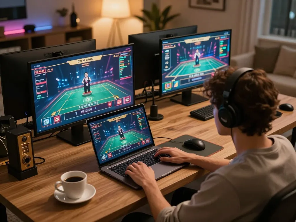 Player enjoying FLY88 live casino gaming in a cozy home setting.