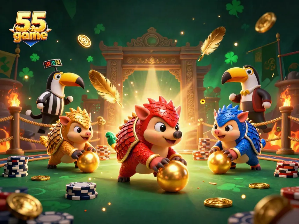 Engage in thrilling 55 club game with dynamic pangolins and poker chips in an exciting casino scene.
