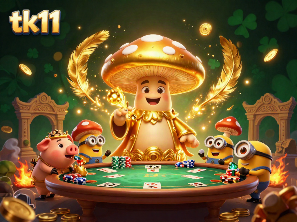 Exciting tk11 casino scene featuring a golden mushroom wizard, pig, and poker action