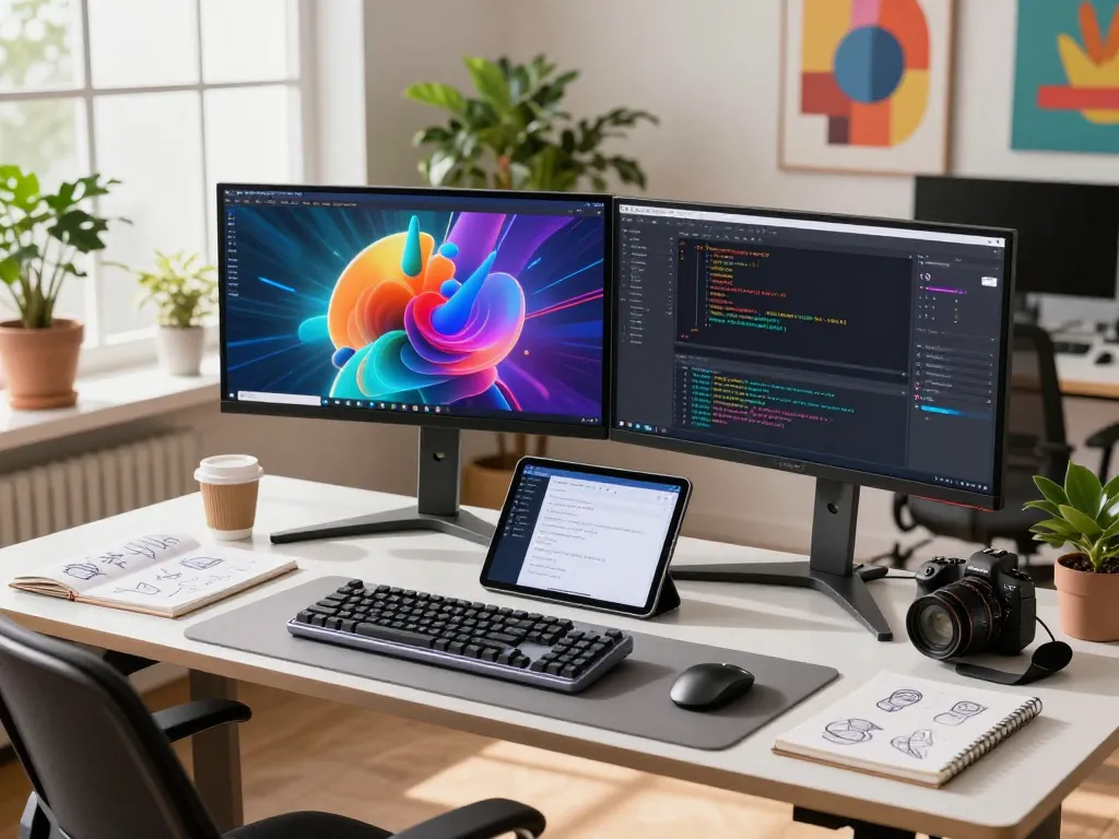 Creative professional using nano banana pro in a modern workspace with AI-generated images on dual monitors.