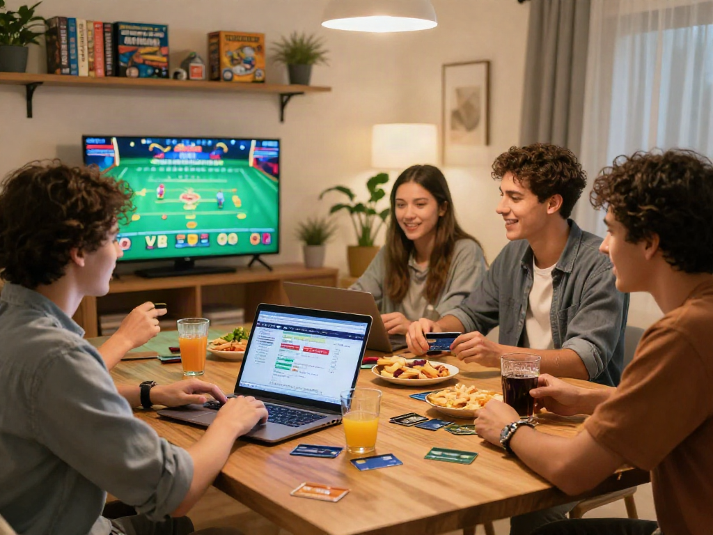 Group enjoying a game night with online casinos that accept credit cards displayed, snacks, and cozy lighting.