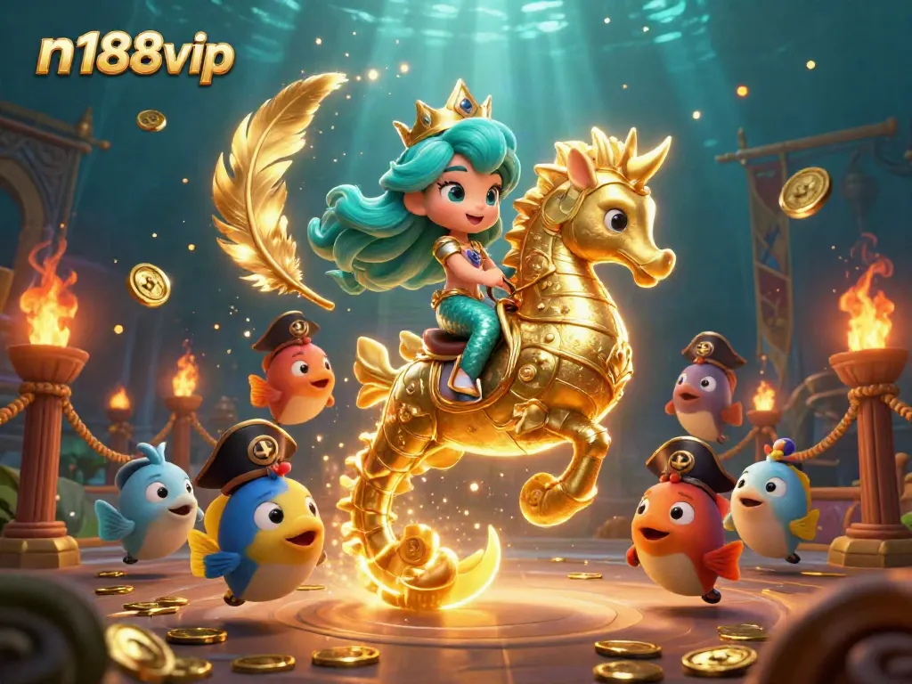 Immerse in the n188vip experience with a mermaid and seahorse amidst a vibrant underwater jackpot.