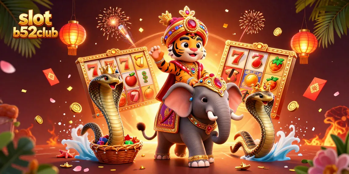 Spin to win at slot b52club with dynamic 3D visuals of tiger and elephant in a vibrant casino scene.