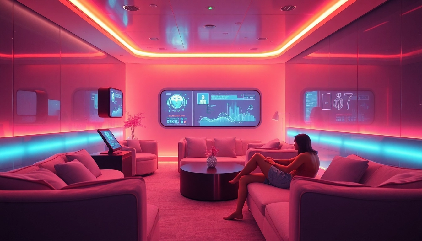 Futuristic lounge with AI companion showcasing sex ai technology and user interaction.