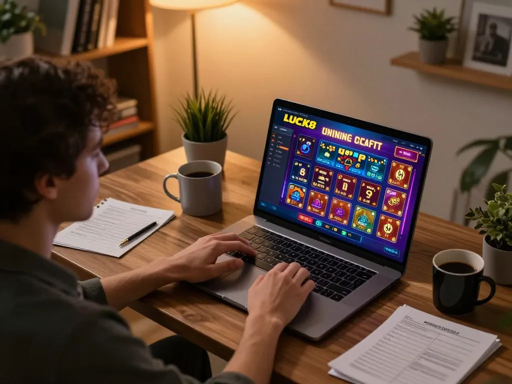 LUCK8 player engaging in online casino gaming with a laptop showcasing vibrant game graphics