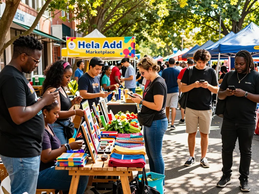 Engaging urban marketplace scene showcasing Hela Add interactions among diverse individuals buying and selling items.