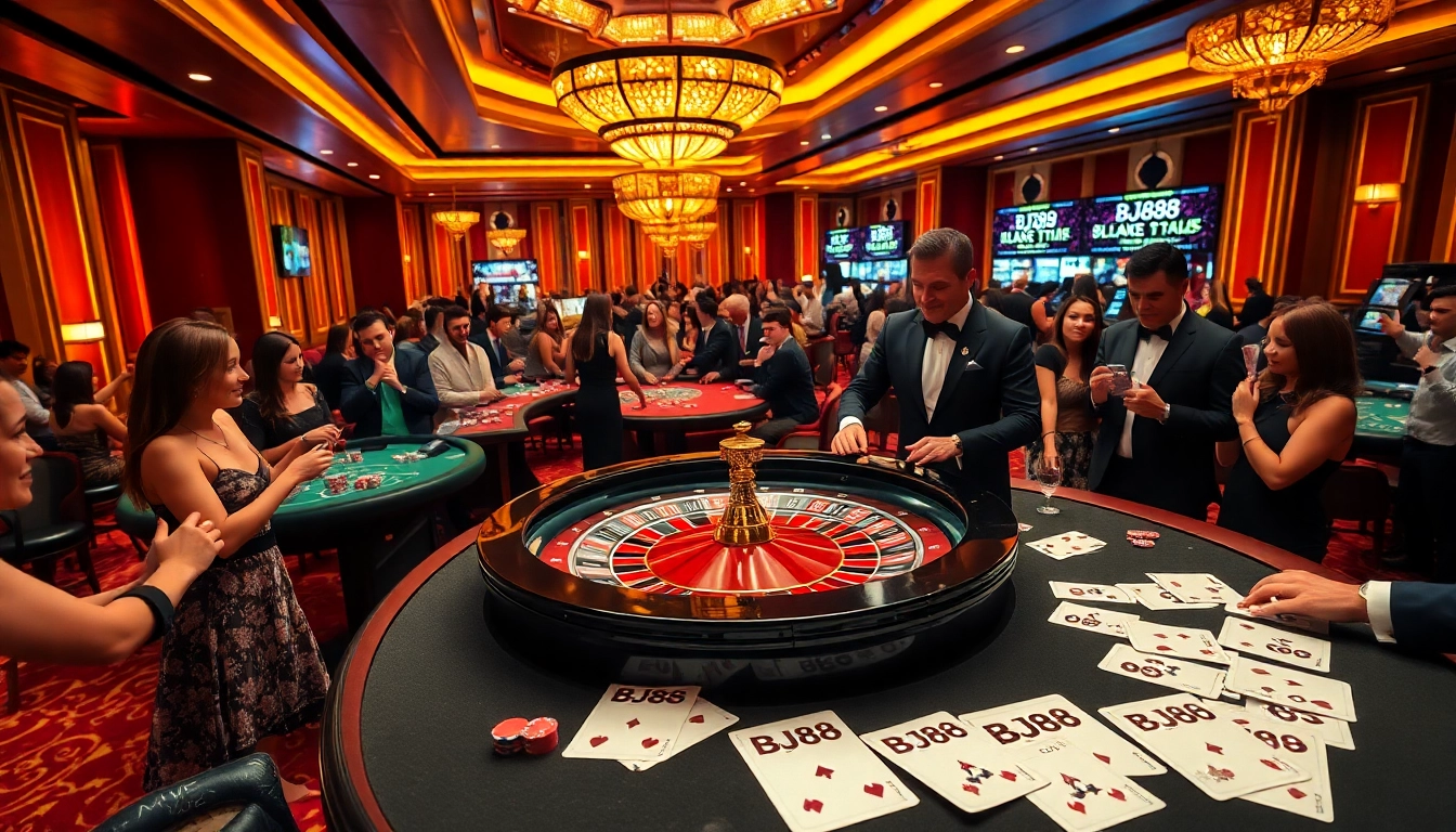 Enthusiastic gamblers enjoying a lively casino experience at BJ88, filled with poker chips and a roulette wheel.