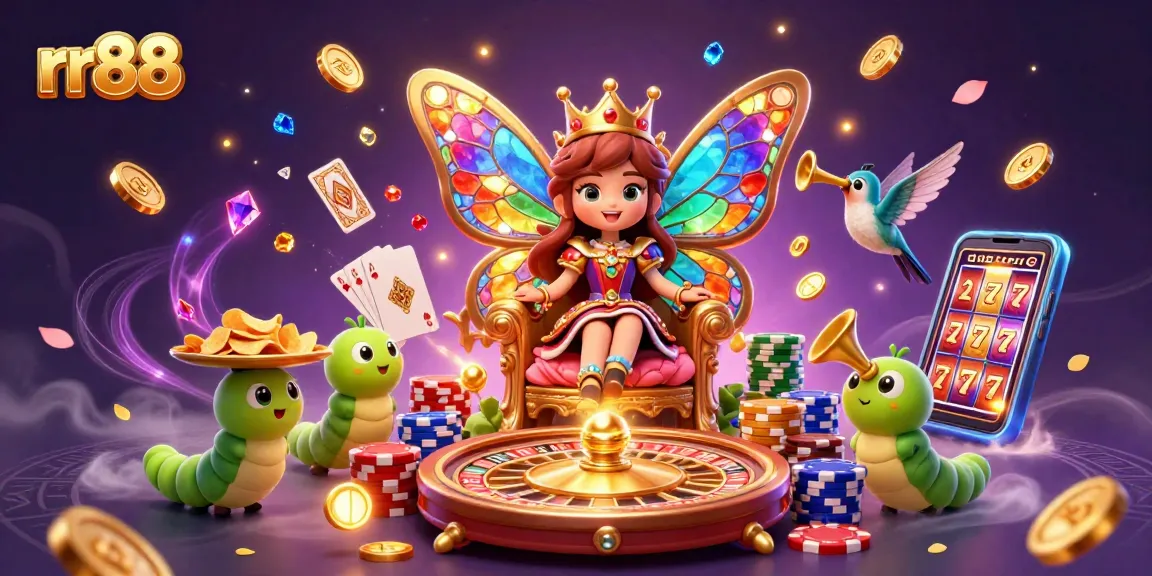 Experience the excitement of rr88 casino games with a vibrant 3D illustration of a butterfly queen.