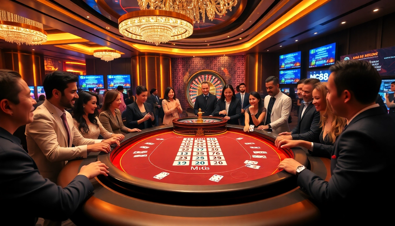 M88 gaming table with players enjoying a luxurious casino experience and vibrant poker chips.