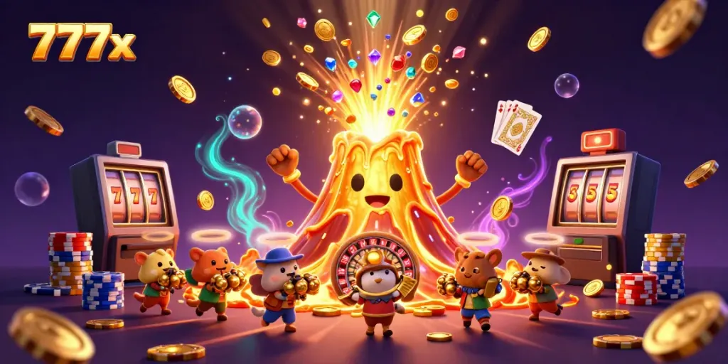 Experience the exhilarating adventure at 777x with a lively scene of a golden volcano erupting treasures.