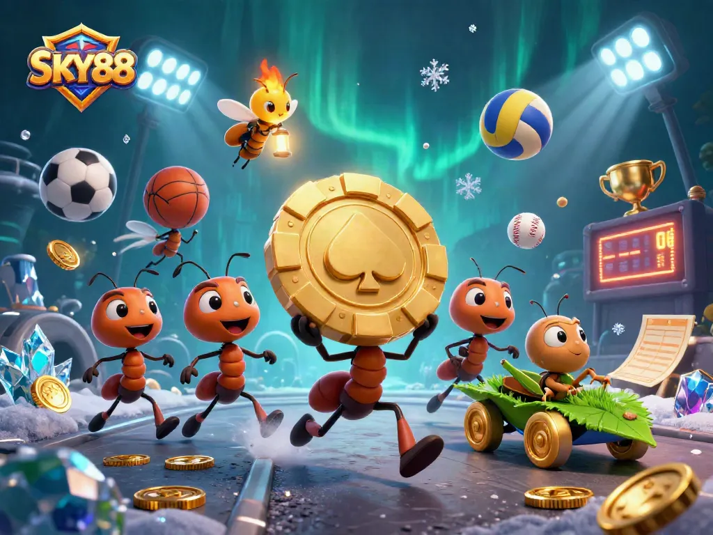 SKY88 captures thrilling poker action with a team of ants in a lively heist scene.