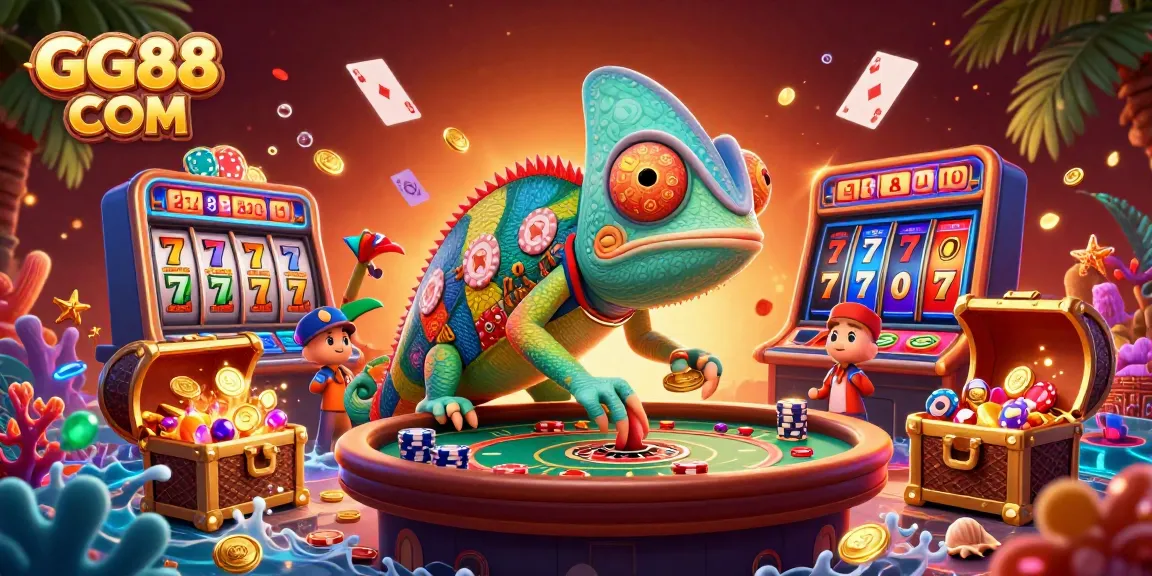 Engage in thrilling gaming adventures at GG88 COM - vibrant 3D casino illustration showcasing dynamic games and excitement.