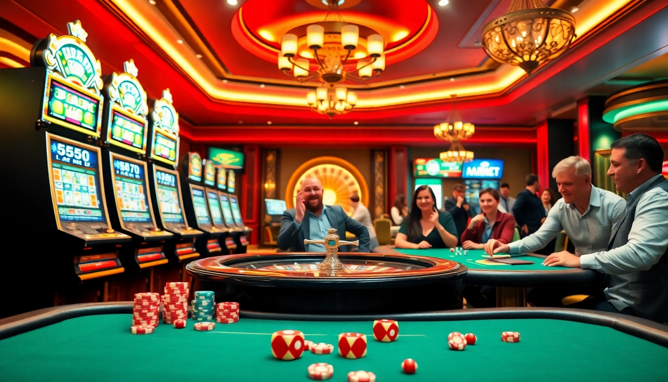 Gambling scene at KJC AC 1 casino, showcasing lively tables and slot machines.