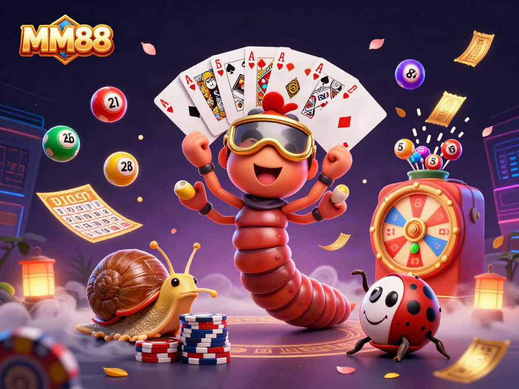 Experience the excitement of MM88 with a vivid scene showcasing a millipede dealer, high-roller snail, and festive lottery elements.