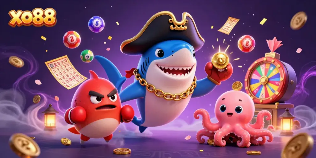 Experience the excitement of xo88 with vibrant lottery balls and animated creatures in this dynamic casino scene.