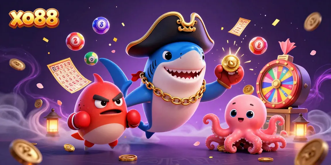 Experience the excitement of xo88 with vibrant lottery balls and animated creatures in this dynamic casino scene.