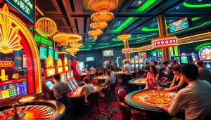 Xổ Số FB88 showcases the vibrant energy of a dynamic casino, with players engaging in games and colorful lottery displays.