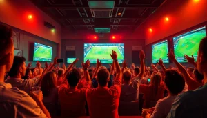 Fans cheering in a sports bar, engaging with tỷ lệ kèo nhà cái displayed on screens.