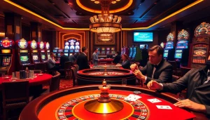 Exciting game bài đổi thưởng at a casino with players betting on poker and roulette.