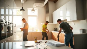 Kitchen installers expertly assembling contemporary cabinets in a bright kitchen.