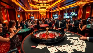 Enthusiastic gamblers enjoying a lively casino experience at BJ88, filled with poker chips and a roulette wheel.