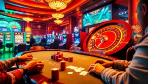 Exciting gameplay at https://sbobet102.com/ with players at a vibrant poker table in a luxurious casino setting, showcasing chips and cards.