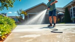 Professional driveway pressure washing in progress, showcasing a clean surface transformation.