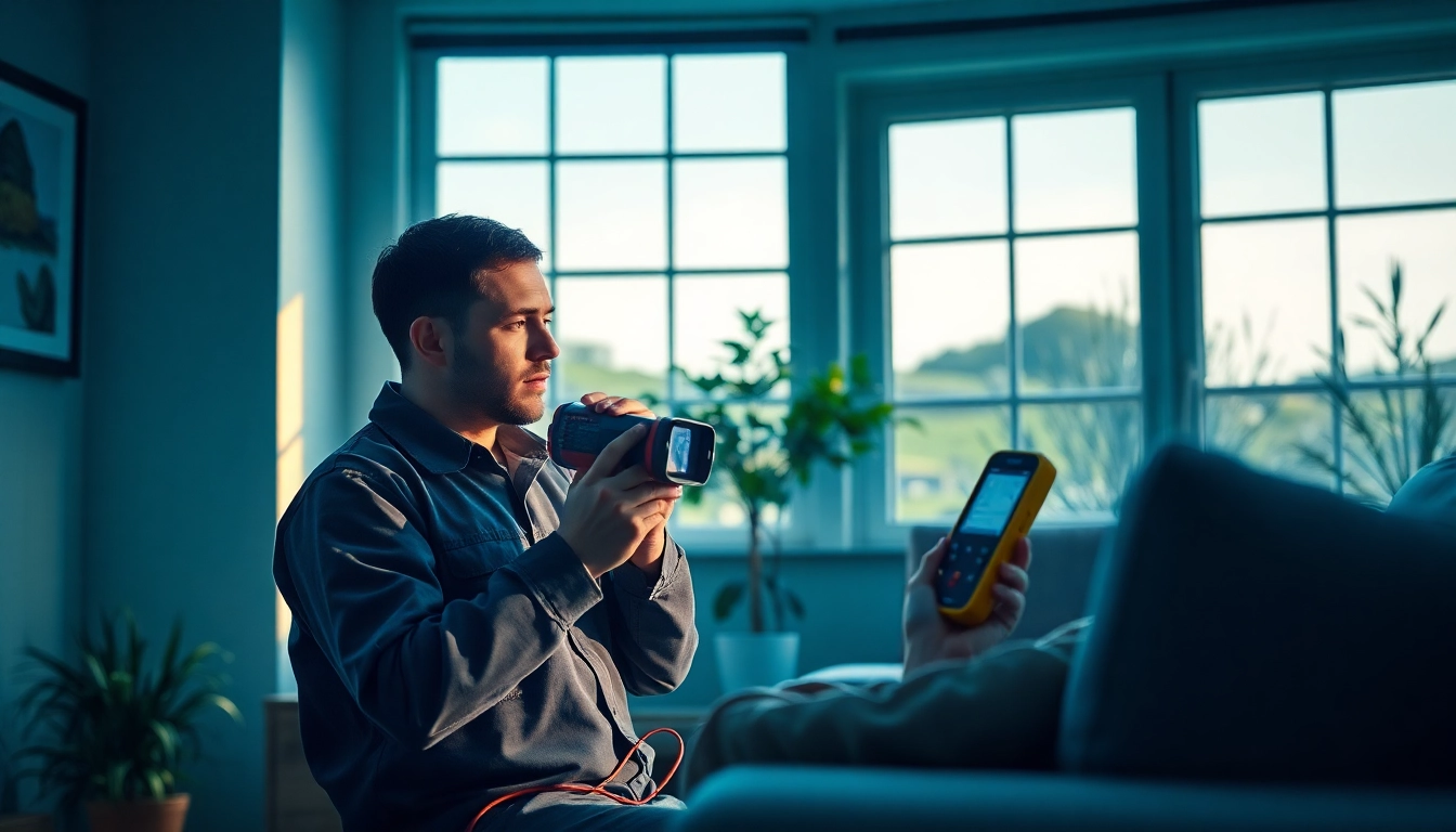 Professional conducting leak detection Cornwall with advanced technology in a cozy home.