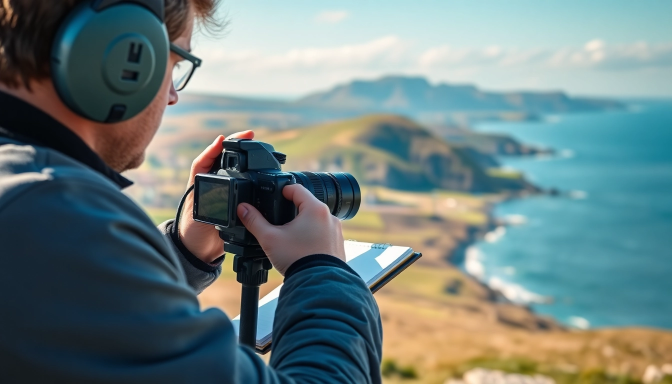 Engaging north wales news scene featuring a journalist amidst breathtaking landscapes.