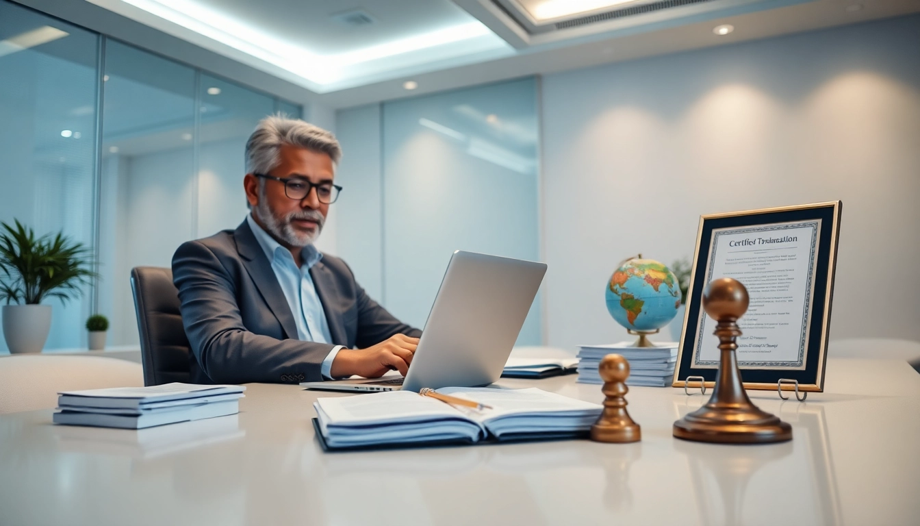Certified translation expert working in a professional office setting with documents and a notary stamp.