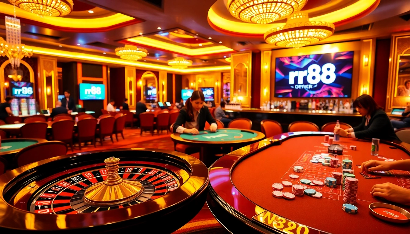 rr88 players enjoying an exciting moment at a luxurious casino table with vibrant chips and cards
