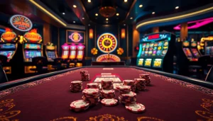 Players enjoying poker at Jun88's lavish casino table filled with chips and cards.