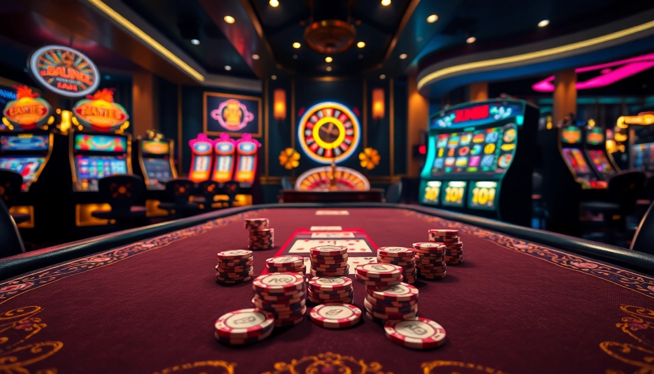 Players enjoying poker at Jun88's lavish casino table filled with chips and cards.