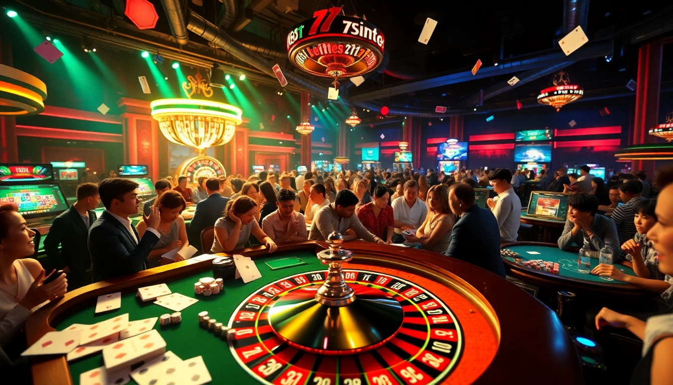 The dynamic gaming atmosphere of 789f, showcasing casino elements and an engaging crowd.