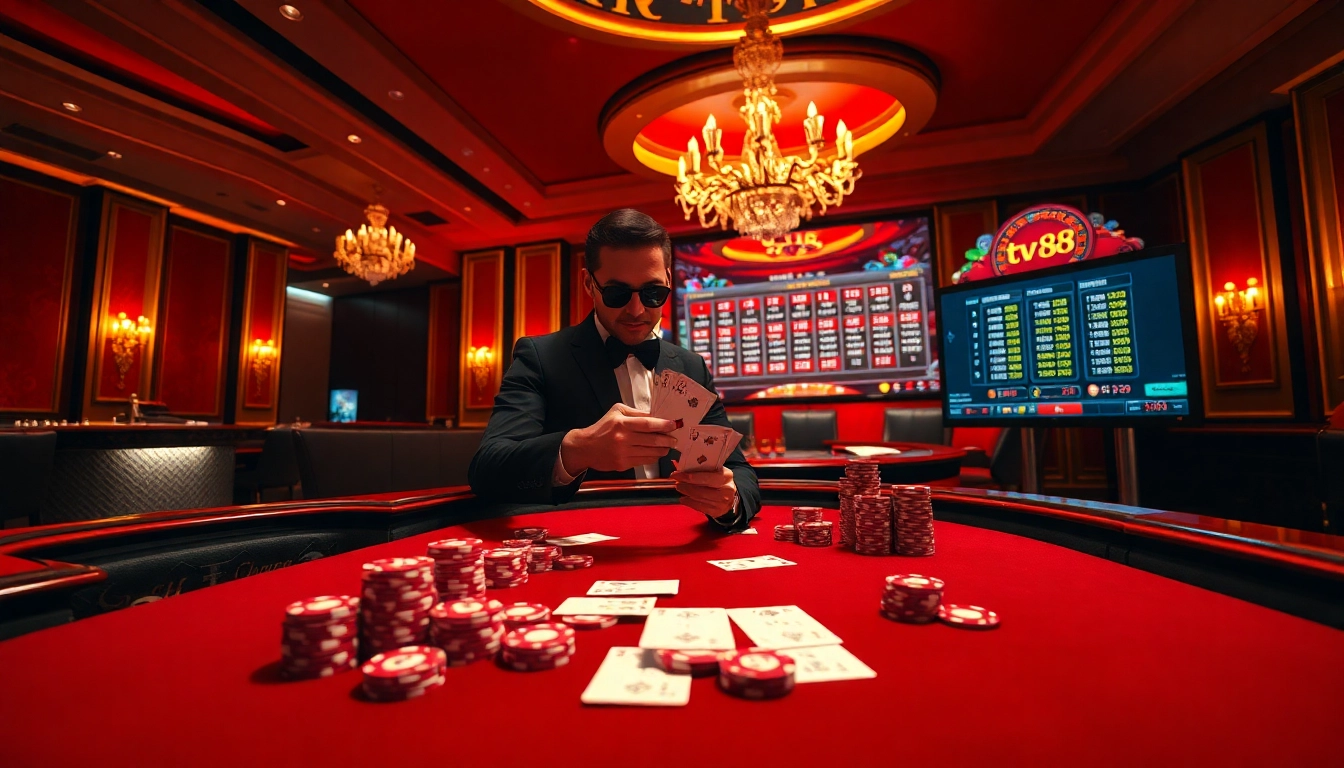 Engage in thrilling poker gameplay at tv88 casino with colorful chips and a stylish table.