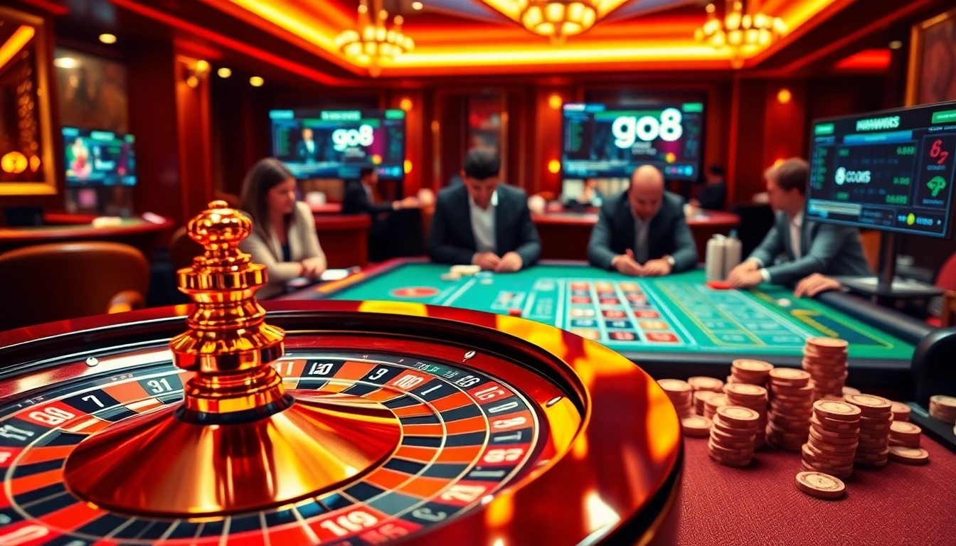 Engage in thrilling casino games with the link go8, showcasing poker chips and vibrant roulette tables.