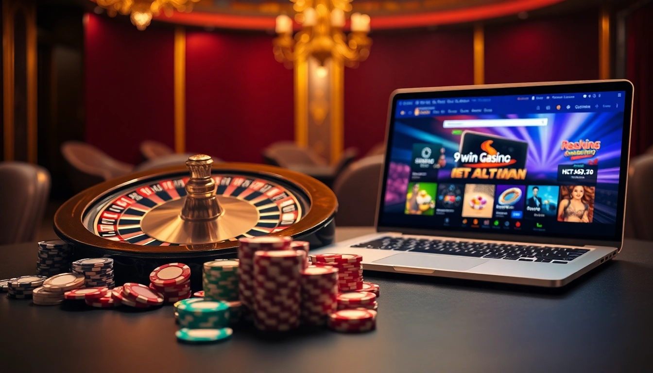 Dynamic online gaming experience at https://9win1.online/ showcasing a roulette wheel and poker chips.