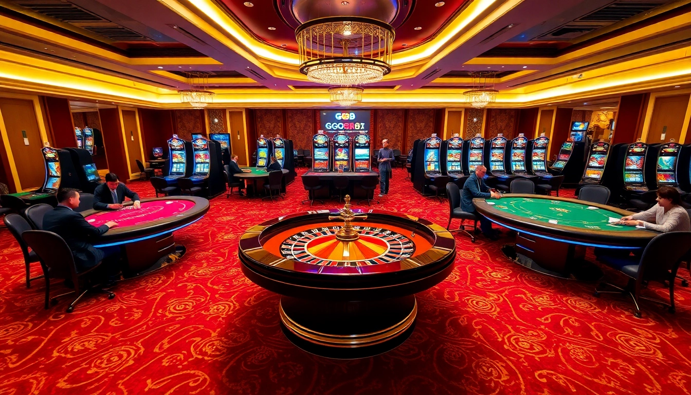 Exciting casino scene featuring GG88 gaming tables, poker chips, and a roulette wheel.