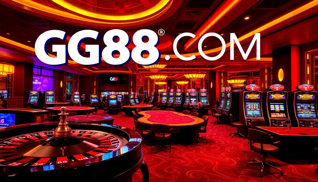 Experience thrilling wins at GG88 COM with an elegant casino scene showcasing roulette, poker, and slot machines.