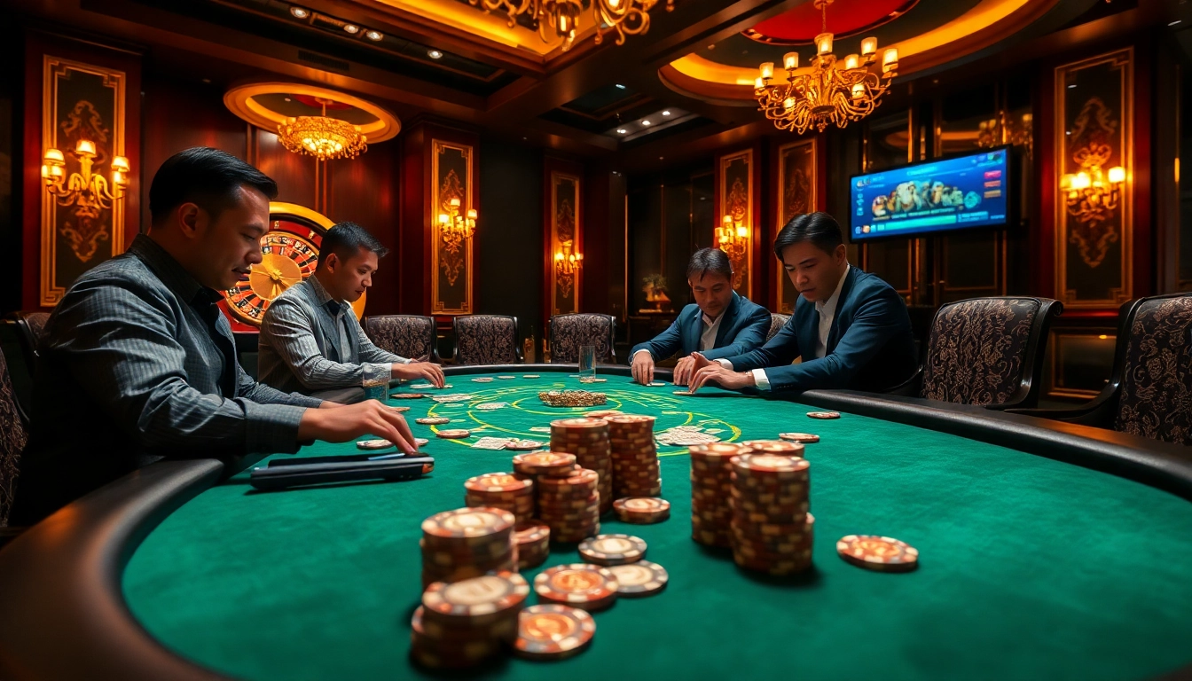 Players strategizing at a glamorous Hello88 poker table surrounded by luxurious casino decor.