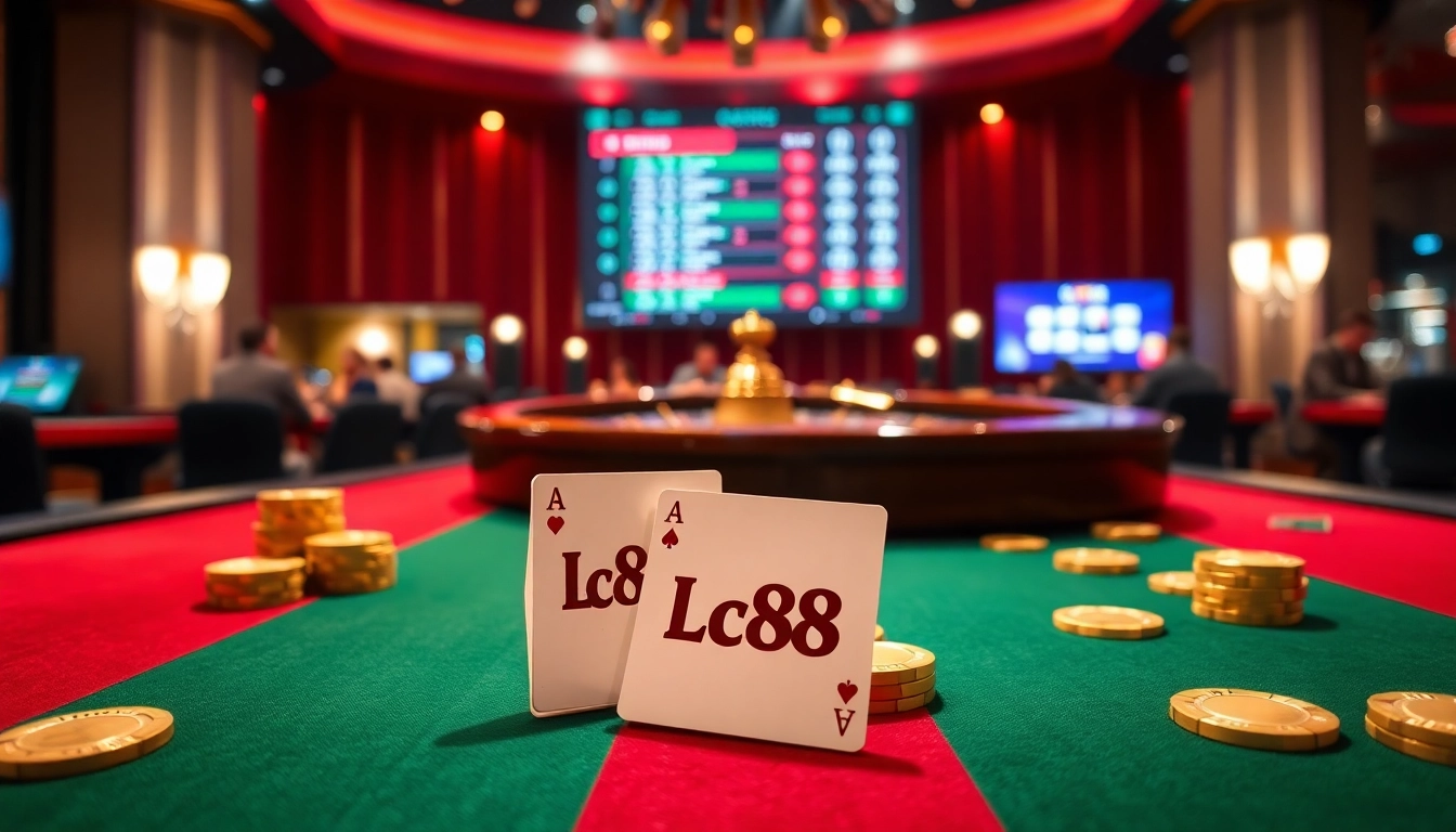 Experience thrilling gameplay at Lc88 with a vibrant casino scene featuring poker chips and cards.
